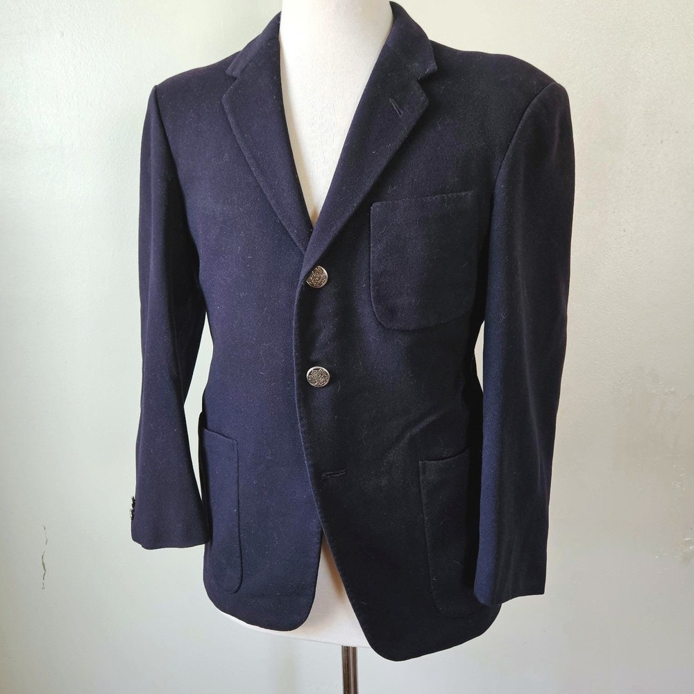 Vtg 50s An Tai Hong Custom Tailored Mens Navy Wool Blazer Jacket Crest Hong Kong